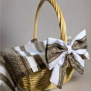 Ukrainian Embroidered Easter Basket Cover with Bow 40x60cm Rustic Decor Rushnyk